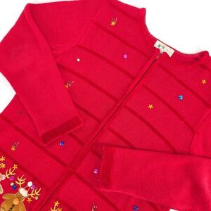 Quacker Factory Christmas Sweater Women's Medium Red Zip‑Up Embellished Reindeer